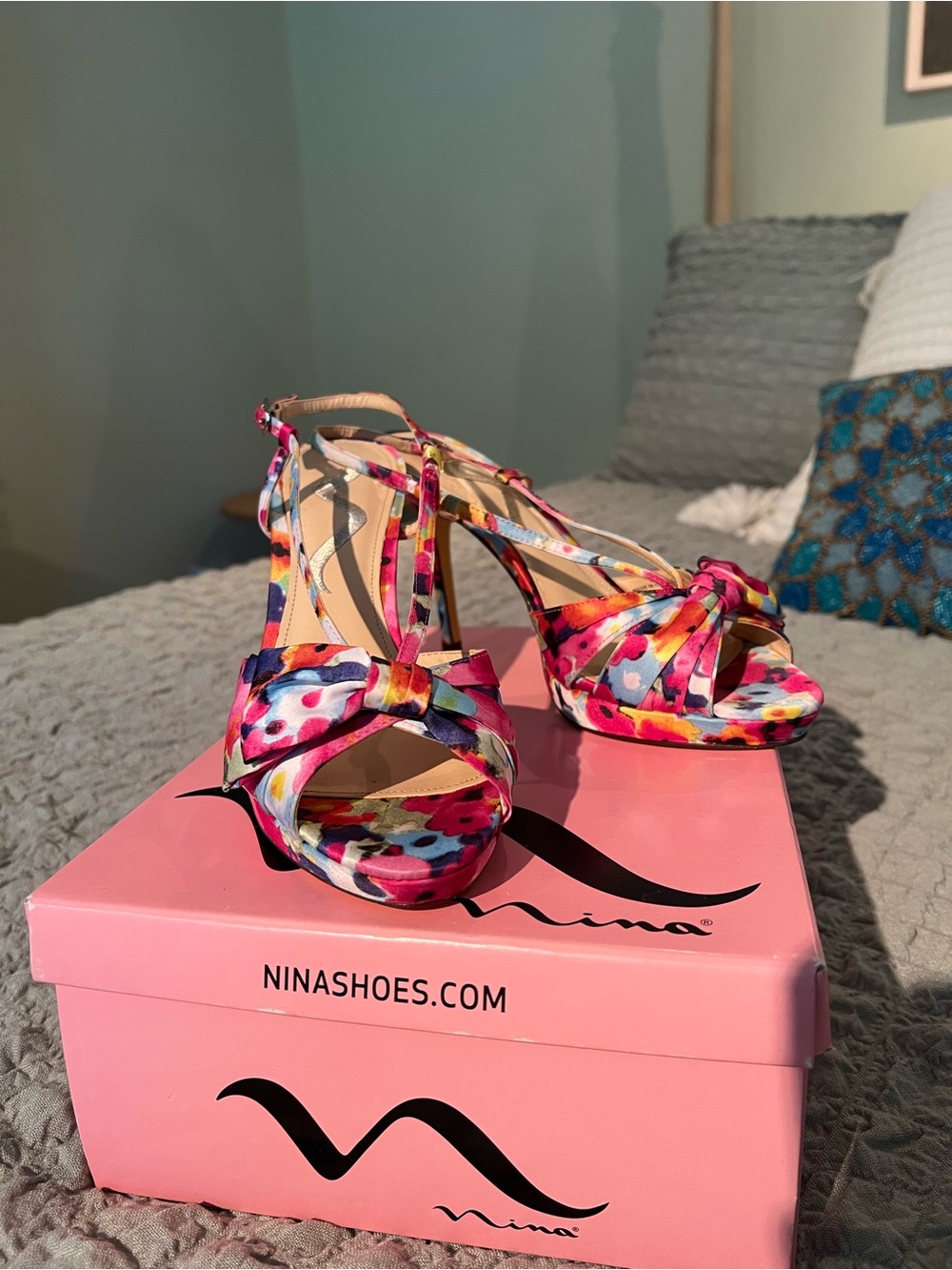 Nina Multicolor Floral Knotted Strappy High Heels
